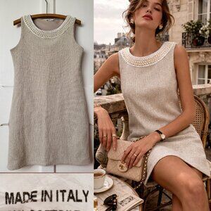 Vintage Cream Pearl Collar Shift Dress Textured Woven Mini 60s mod Size S